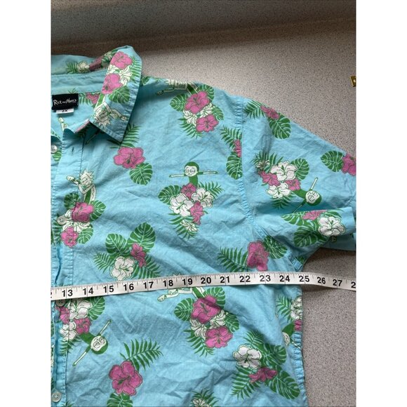 Rick and Morty Hawaiian Button Up Cotton Shirt Size 2x Blue Green Floral Unisex - Picture 7 of 8